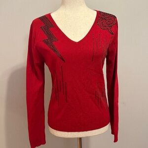 Vintage “Piano” V-Neck Thunder and Lightening Sequin Appliqué Sweater Top Size M
